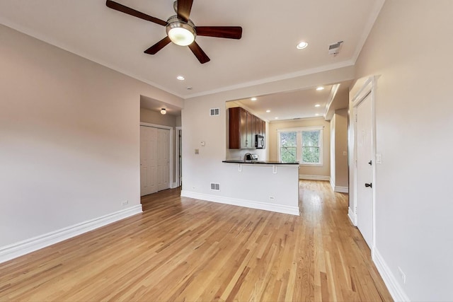 3851 N Kedvale Ave Unit E3, Chicago, IL 60641 - unfurnished living room featuring crown molding, a ceiling fan, light wood-style flooring, and recessed lighting