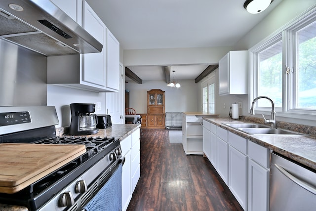 518 Emerson Cir, Bolingbrook, IL 60440 - kitchen with wall chimney exhaust hood, stainless steel appliances, dark wood-type flooring, white cabinetry, and beam ceiling
