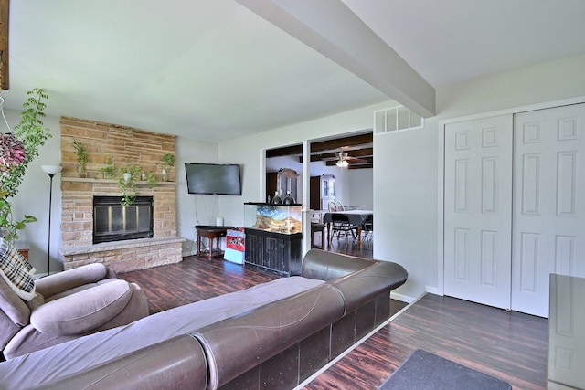 518 Emerson Cir, Bolingbrook, IL 60440 - living area with wood finished floors, a fireplace, a ceiling fan, and beamed ceiling
