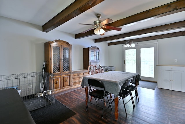 518 Emerson Cir, Bolingbrook, IL 60440 - dining area with dark wood finished floors, ceiling fan, a wainscoted wall, a chandelier, and beam ceiling