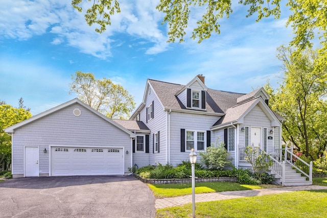 401 Greenwood Rd, Glenview, IL 60025 - view of front of house featuring a chimney, asphalt driveway, a front yard, an attached garage, and a shingled roof