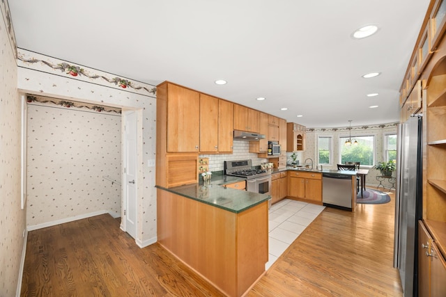 401 Greenwood Rd, Glenview, IL 60025 - kitchen featuring stainless steel appliances, a peninsula, under cabinet range hood, light wood-type flooring, and recessed lighting