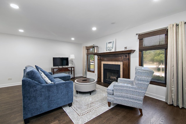 12256 S Arbor Trl Unit 11W, Palos Heights, IL 60463 - living area with wood finished floors, a tiled fireplace, and recessed lighting