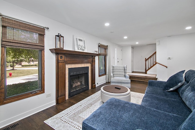 12256 S Arbor Trl Unit 11W, Palos Heights, IL 60463 - living room with recessed lighting, stairs, wood finished floors, and a tiled fireplace