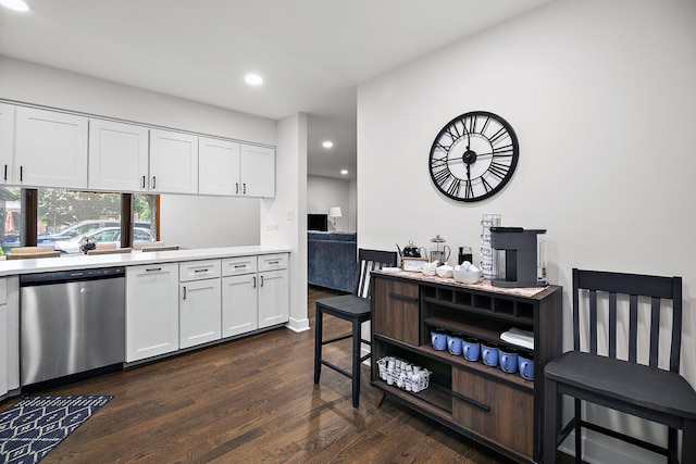 12256 S Arbor Trl Unit 11W, Palos Heights, IL 60463 - kitchen with stainless steel dishwasher, light countertops, dark wood-style floors, white cabinetry, and recessed lighting