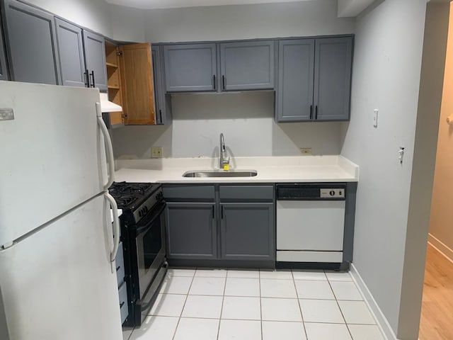 146 S Lalonde Ave Unit 3B, Addison, IL 60101 - kitchen with white appliances, gray cabinetry, premium range hood, light countertops, and open shelves