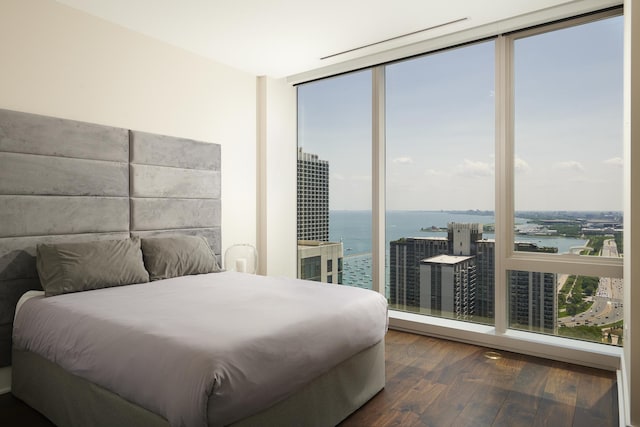 363 E Wacker Dr Unit 3303, Chicago, IL 60601 - bedroom featuring expansive windows, a water view, multiple windows, wood finished floors, and a view of city