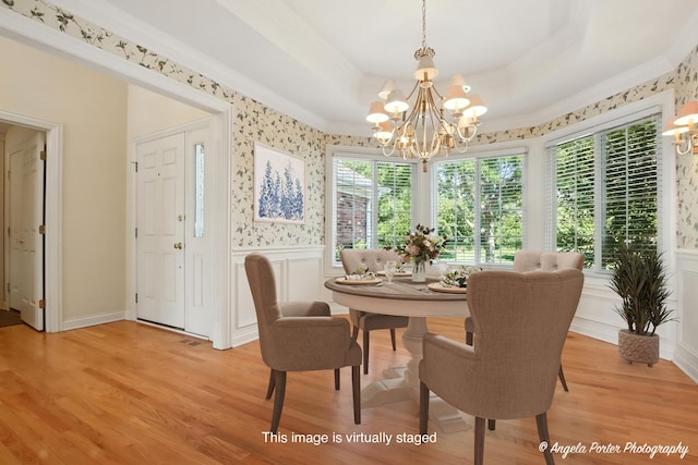 32756 N Stone Manor Dr, Grayslake, IL 60030 - dining room with a chandelier, ornamental molding, plenty of natural light, light wood-style floors, and wainscoting