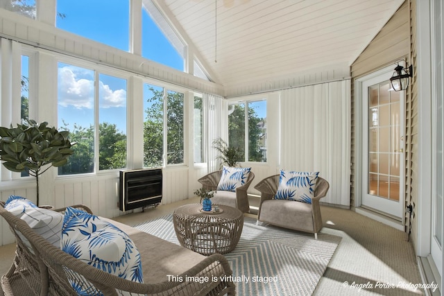32756 N Stone Manor Dr, Grayslake, IL 60030 - sunroom with vaulted ceiling, carpet flooring, an outdoor living space, and heating unit