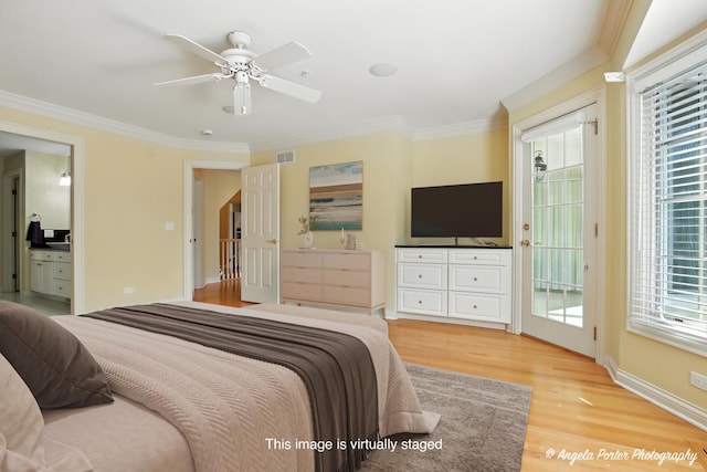 32756 N Stone Manor Dr, Grayslake, IL 60030 - bedroom featuring access to outside, light wood-style floors, crown molding, ceiling fan, and connected bathroom