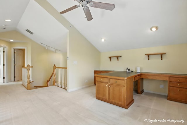 32756 N Stone Manor Dr, Grayslake, IL 60030 - unfurnished office with lofted ceiling, light carpet, ceiling fan, built in desk, and recessed lighting