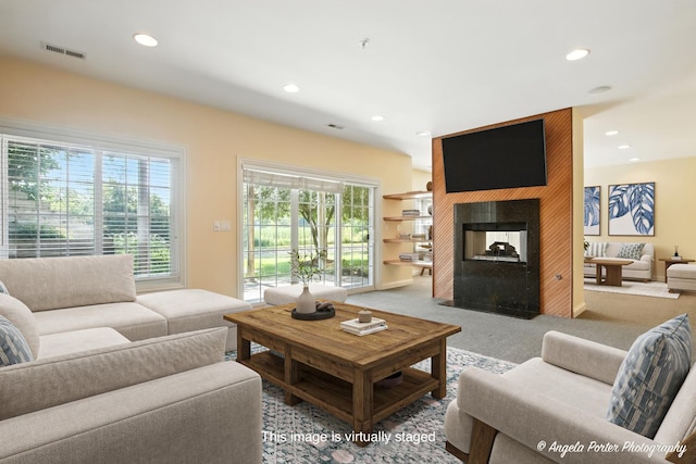 32756 N Stone Manor Dr, Grayslake, IL 60030 - living area with a multi sided fireplace, carpet floors, and recessed lighting