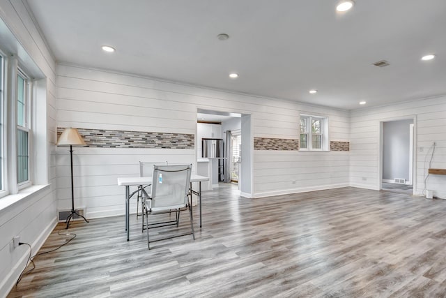 2425 Flossmoor Rd, Flossmoor, IL 60422 - kitchen featuring wood walls, wood finished floors, recessed lighting, and ornamental molding