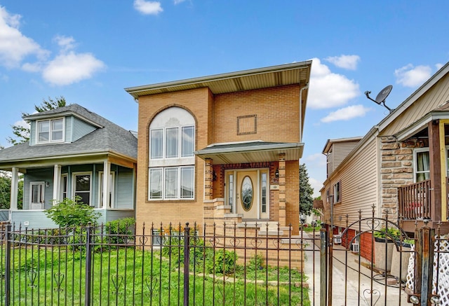 6238 S Kolmar Ave, Chicago, IL 60629 - view of front of house with brick siding, a fenced front yard, covered porch, and a gate
