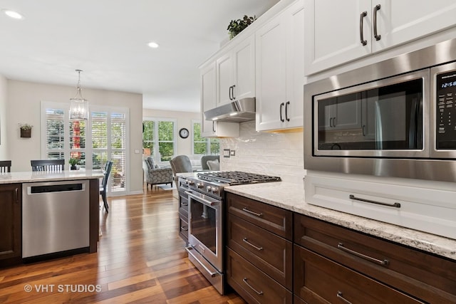 4015 Chesapeake Ln, Naperville, IL 60564 - kitchen with stainless steel appliances, under cabinet range hood, white cabinets, wood finished floors, and dark brown cabinets