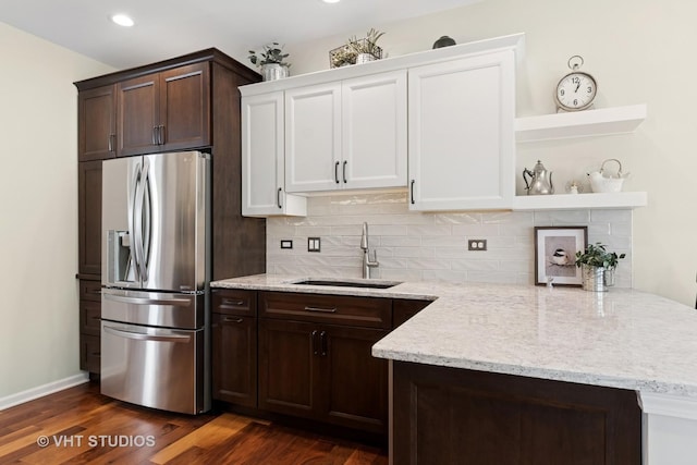 4015 Chesapeake Ln, Naperville, IL 60564 - kitchen featuring stainless steel fridge with ice dispenser, open shelves, dark brown cabinetry, tasteful backsplash, and recessed lighting