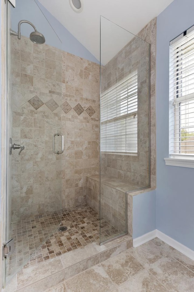 395 Wildberry Ln, Bartlett, IL 60103 - bathroom featuring a shower stall and vaulted ceiling