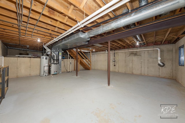 1008 Lakewood Cir, Naperville, IL 60540 - unfinished basement featuring gas water heater, heating unit, and stairs