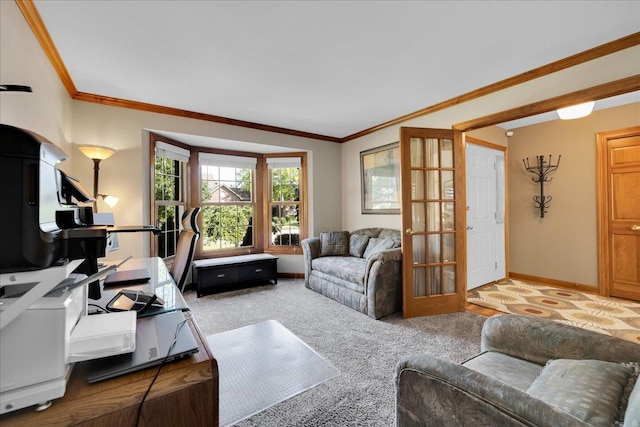 531 Danbury Dr, Oswego, IL 60543 - living area featuring carpet floors, ornamental molding, and french doors