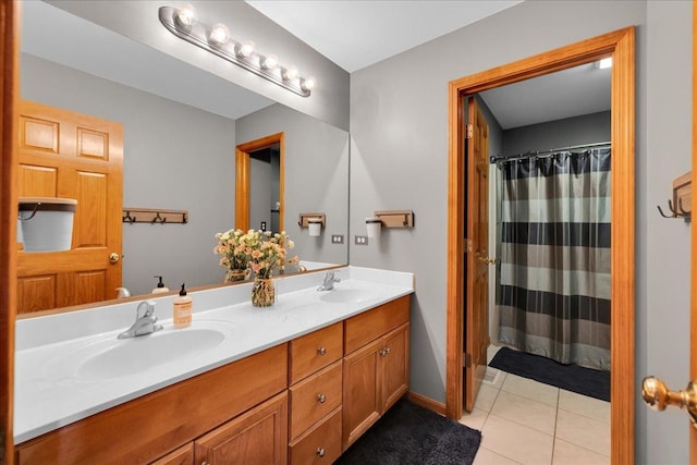 531 Danbury Dr, Oswego, IL 60543 - bathroom with double vanity, tile patterned flooring, and a shower with shower curtain