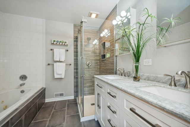 6579 Windham Ln, Long Grove, IL 60047 - full bathroom featuring a tile shower, double vanity, a jetted tub, and tile patterned flooring