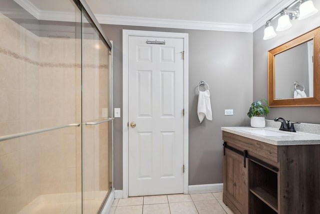 6579 Windham Ln, Long Grove, IL 60047 - bathroom with vanity, a stall shower, ornamental molding, and tile patterned floors
