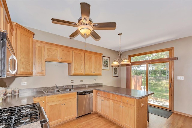 10754 Canterbury Dr, Mokena, IL 60448 - kitchen with appliances with stainless steel finishes, light brown cabinets, a peninsula, ceiling fan, and light wood-style floors