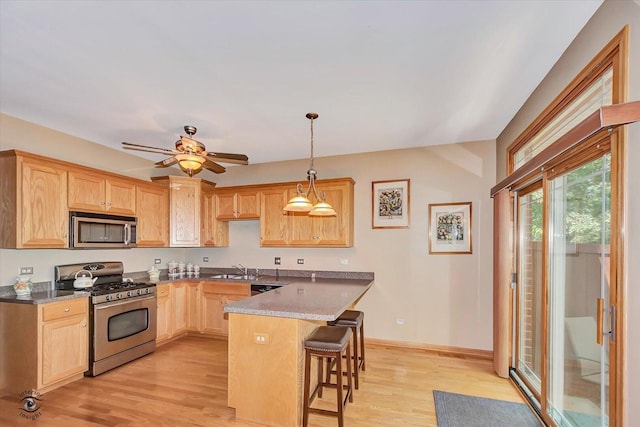 10754 Canterbury Dr, Mokena, IL 60448 - kitchen featuring appliances with stainless steel finishes, light brown cabinetry, light wood-type flooring, a breakfast bar area, and a peninsula