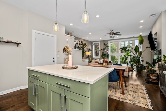 823 N Marshfield Ave Unit 2, Chicago, IL 60622 - kitchen featuring green cabinetry, dark wood-style floors, ceiling fan, and recessed lighting