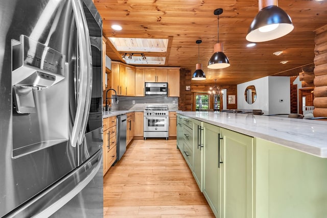 3903 Niblick Ct, Crystal Lake, IL 60012 - kitchen with stainless steel appliances, green cabinets, wood ceiling, light wood-style flooring, and light stone countertops