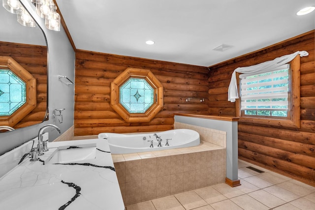 3903 Niblick Ct, Crystal Lake, IL 60012 - bathroom with log walls, a garden tub, tile patterned floors, plenty of natural light, and recessed lighting