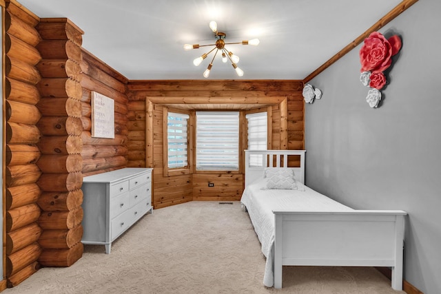 3903 Niblick Ct, Crystal Lake, IL 60012 - unfurnished bedroom featuring a chandelier, log walls, and light colored carpet
