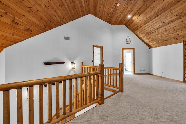 3903 Niblick Ct, Crystal Lake, IL 60012 - hall with an upstairs landing, vaulted ceiling, carpet flooring, and wooden ceiling