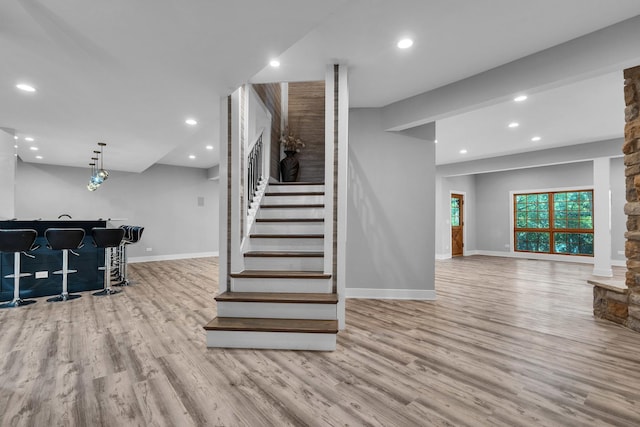 3903 Niblick Ct, Crystal Lake, IL 60012 - staircase featuring bar, wood finished floors, and recessed lighting