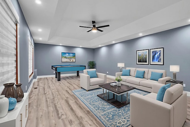 3903 Niblick Ct, Crystal Lake, IL 60012 - living room with light wood finished floors, a ceiling fan, billiards table, a tray ceiling, and recessed lighting