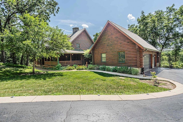 3903 Niblick Ct, Crystal Lake, IL 60012 - cabin with log exterior, driveway, a chimney, a front lawn, and a porch