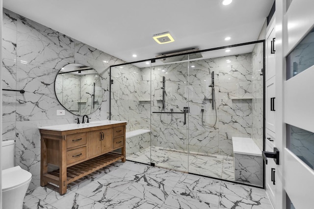 3903 Niblick Ct, Crystal Lake, IL 60012 - full bath with recessed lighting, a marble finish shower, marble tiled floors, vanity, and tile walls