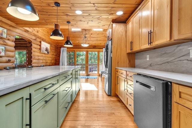3903 Niblick Ct, Crystal Lake, IL 60012 - kitchen featuring log walls, dishwasher, wooden ceiling, green cabinets, and freestanding refrigerator