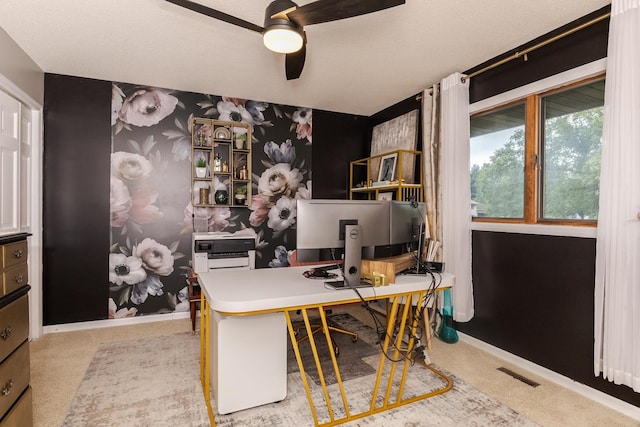 16064 Raintree Rd, Bloomington, IL 61705 - carpeted office featuring a ceiling fan and wallpapered walls