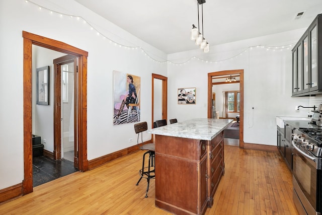 1630 S Fairfield Ave, Chicago, IL 60608 - kitchen featuring stainless steel gas range, light wood finished floors, a center island, a breakfast bar, and rail lighting