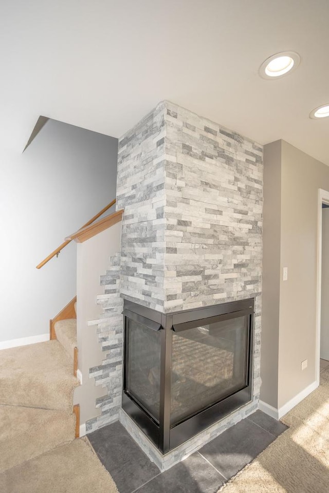 16409 Teton Dr Unit D, Lockport, IL 60441 - detailed view of a multi sided fireplace, carpet, and recessed lighting