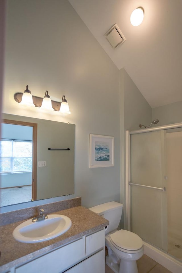 16409 Teton Dr Unit D, Lockport, IL 60441 - bathroom with vanity, a shower stall, and vaulted ceiling