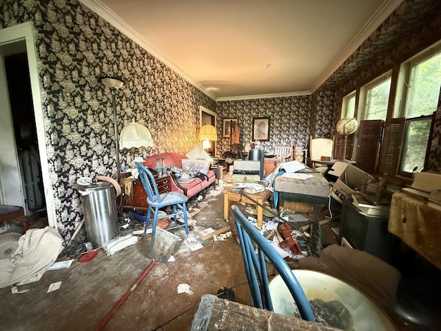 120 S Wabash Ave, Glenwood, IL 60425 - misc room with wallpapered walls and ornamental molding