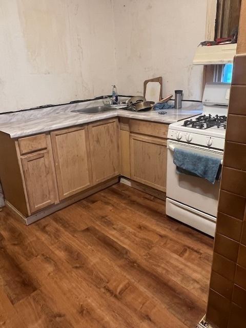 7411 S Morgan St, Chicago, IL 60621 - kitchen featuring white gas stove, dark wood-style floors, premium range hood, and light countertops