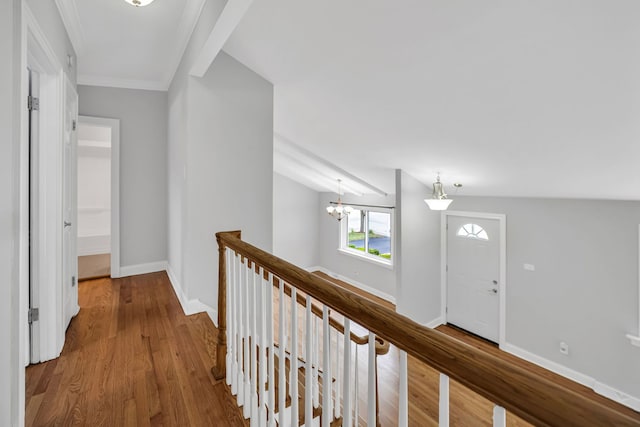 12247 S Avers Ave, Alsip, IL 60803 - hall featuring an upstairs landing, a chandelier, wood finished floors, and ornamental molding