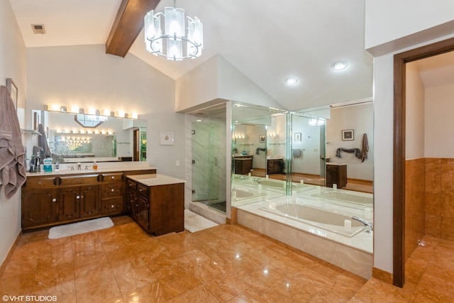 134 Country Club Dr, Bloomingdale, IL 60108 - bathroom with a chandelier, a shower stall, a bath, and vanity