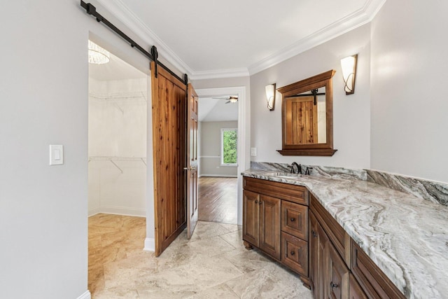 641 Mason Ln, Lake In The Hills, IL 60156 - bathroom with vanity, ornamental molding, and a spacious closet