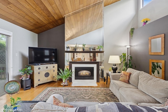 20 Brook Ln, Palos Park, IL 60464 - living room with wood ceiling, lofted ceiling, wood finished floors, and a tile fireplace