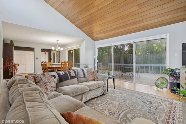 20 Brook Ln, Palos Park, IL 60464 - living area featuring a chandelier, wood finished floors, wooden ceiling, and high vaulted ceiling