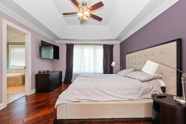 7715 Virginia Ct, Willowbrook, IL 60527 - bedroom with a raised ceiling, dark wood-style flooring, a ceiling fan, crown molding, and ensuite bath